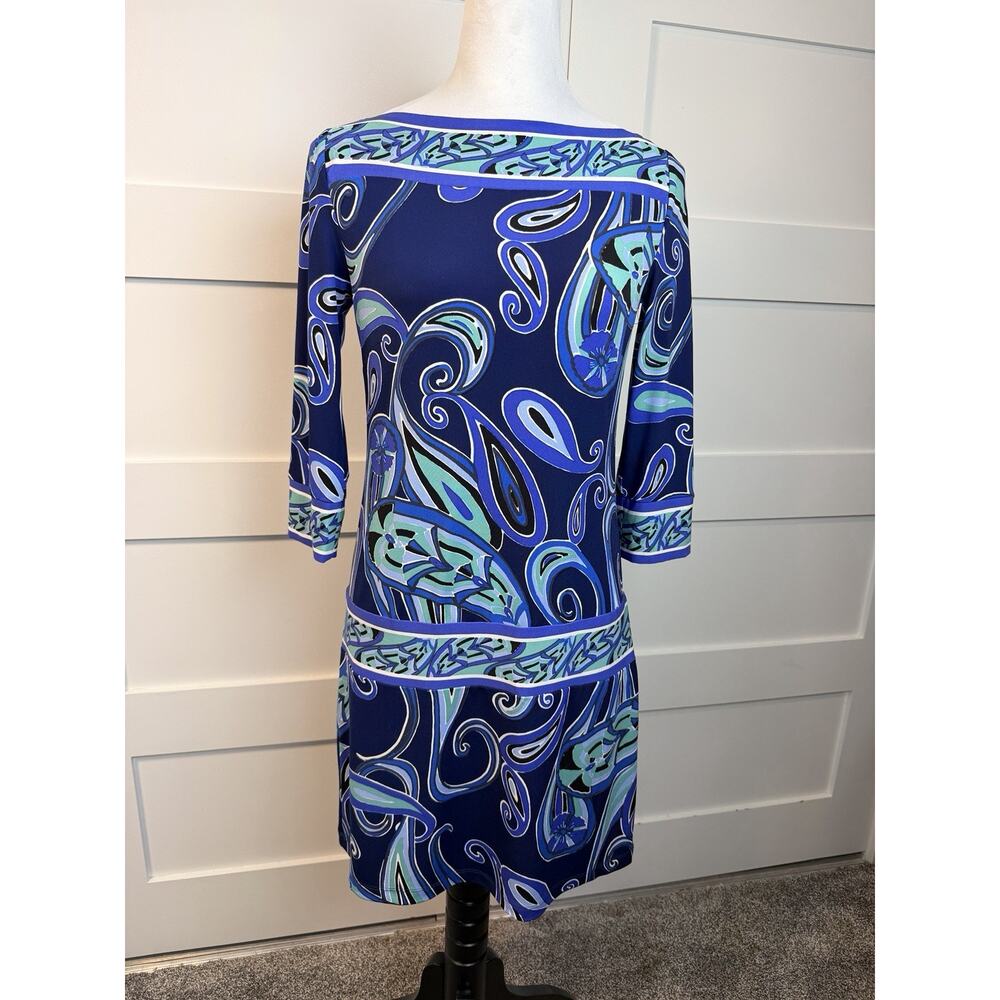 Ali Ro Womens Dress size 2 Blue Green Geometric 3/4 Sleeve Lightweight Stretch